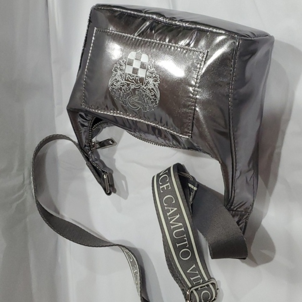 Vince Camuto pewter metallic canvas monogram adjustable‎ strap crossbody bag